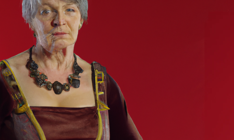 DALL·E 2023-02-24 11.40.36 - Older Woman, Valkyrie, Baroque dress, high detailed, full body, velvet red background, 4k, high resolution