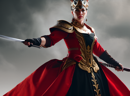 Older Woman, Valkyrie, Baroque dress, high detailed, velvet red background, 4k, high resolution, sword fight