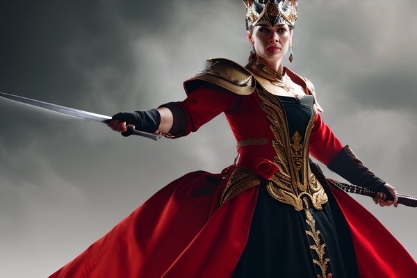 Older Woman, Valkyrie, Baroque dress, high detailed, velvet red background, 4k, high resolution, sword fight