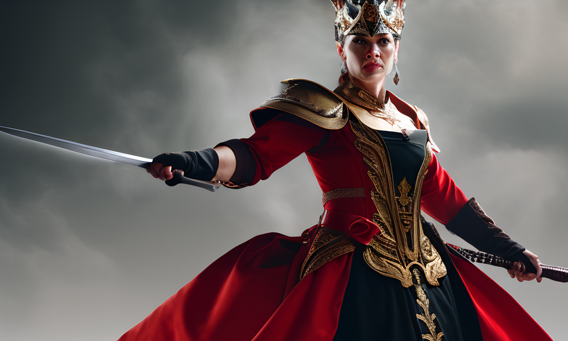 Older Woman, Valkyrie, Baroque dress, high detailed, velvet red background, 4k, high resolution, sword fight