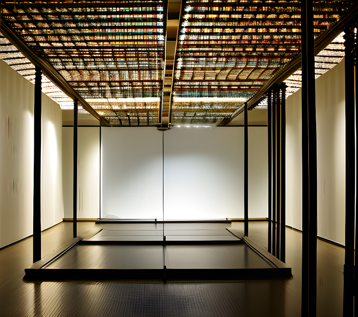 textile design, modern art, art gallery, exhibition, loom, diffuse light, bokeh