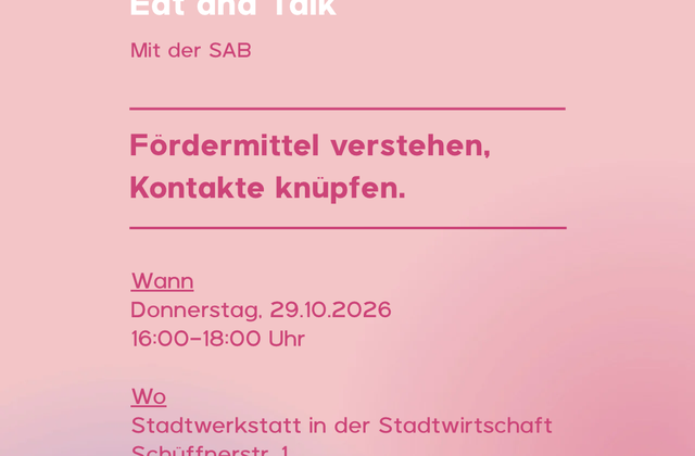 Ankündigung des Formats Eat and Talk mit der SAB der Gründungsgarage Chemnitz