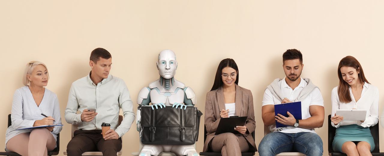Junge Menschen sitzen in einer Reihe, zwischendrin eine künstliche Intelligenz in einem humanoiden Körper