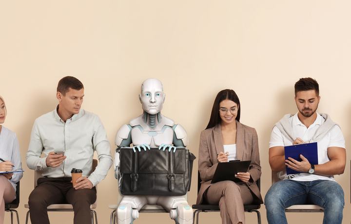 Junge Menschen sitzen in einer Reihe, zwischendrin eine künstliche Intelligenz in einem humanoiden Körper