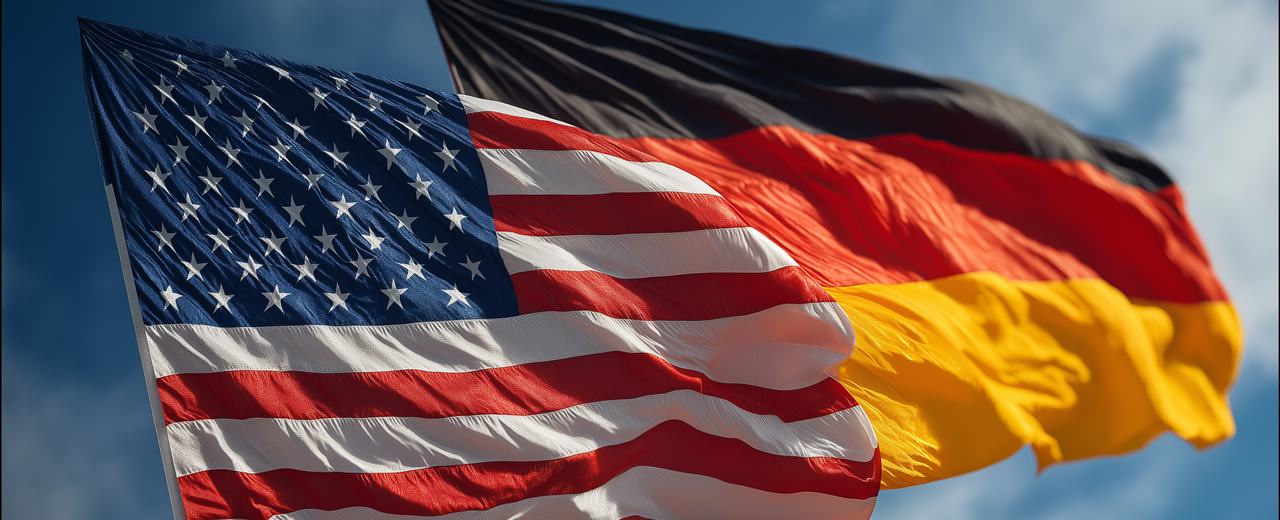 Flaggen wehen im Wind: USA-Flagge, Deutschland-Flagge