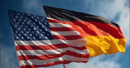 Flaggen wehen im Wind: USA-Flagge, Deutschland-Flagge
