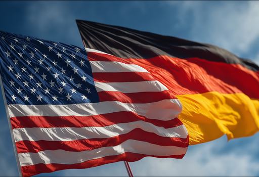 Flaggen wehen im Wind: USA-Flagge, Deutschland-Flagge