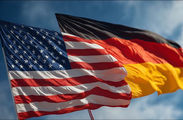 Flaggen wehen im Wind: USA-Flagge, Deutschland-Flagge