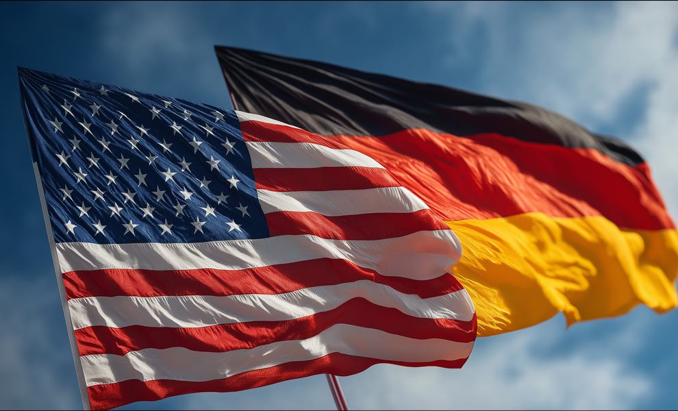 Flaggen wehen im Wind: USA-Flagge, Deutschland-Flagge
