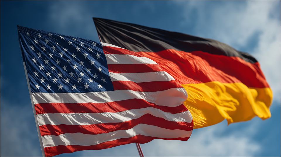 Flaggen wehen im Wind: USA-Flagge, Deutschland-Flagge